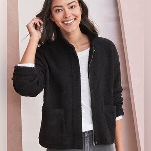 EILEEN FISHER Organic-Cotton Bouclé Stand-Collar Tweed Blazer Jacket Black XXS